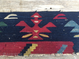 Sarkoy kilim fragment. Cm 18X55. 2nd half 19h c. Very fine weave. Wonderful colors. Long story behind this fragment: about 40 years ago 2 guys from Serbia found/bought a wooden chest in  ...