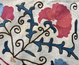 Suzani Kapunuk. 
Cm 142x216. 
Late 19th or early 20th century. 
Silk on cotton. 
Wonderful natural colors. 
Great workmanship. 
In good condition. 
Some black stitches are oxidized as you can see from the  ...