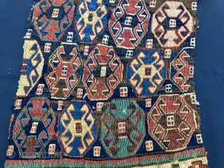 Sweet Shahsavan reverse sumack panel with all four sides of different lenght: 37/41 x 43/51. Great workmanship, great colors, great age. Apply here: carlokocman@gmail.com
         