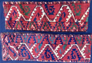 Two great Beshir rug fragments. Size is cm 31x85 & 31x95. Second half of 19th century. High pile, great silky wool, fantastic colors: 2 greens, 2/3 reds, 2/3 blues, a super yellow.  ...