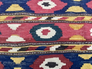 Caucasian Kazak Bordjalu kilim mafrash long panel. Cm 46x99. End 19th century or so. Pattern with sweet little medallions or diamonds!? Wonderful, natural saturated colors. A fantastic bight yellow, different madder reds,  ...