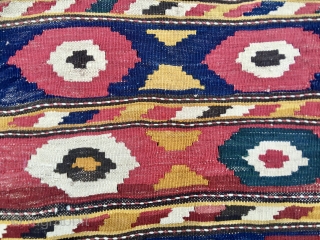 Caucasian Kazak Bordjalu kilim mafrash long panel. Cm 46x99. End 19th century or so. Pattern with sweet little medallions or diamonds!? Wonderful, natural saturated colors. A fantastic bight yellow, different madder reds,  ...