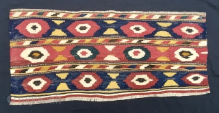 Caucasian Kazak Bordjalu kilim mafrash long panel. Cm 46x99. End 19th century or so. Pattern with sweet little medallions or diamonds!? Wonderful, natural saturated colors. A fantastic bight yellow, different madder reds,  ...