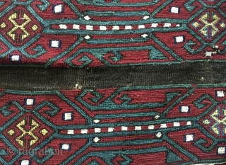 Super East Anatolian cuval/storage bag with fantastic graphics and wonderful colors. Size is cm 105x140 ca. Datable end of 19th century. Obvious condition issues with tears, holes, uneven. But look at the  ...