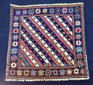 Stars & Stripes & Colors. Shahsavan beautiful sumack bag face. Cm 46x46 ca. Early 20th century if not before. Great pattern with stars in the wide border and diagonal m   