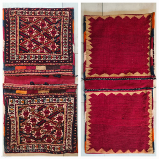 Qashqai knotted Khorjin/Saddle bag.
Fars region, Southern Persia.
Size is cm 50x100 ca.
Age is difficult to unveil, but it could be early 20th century or later.
Great tight weaving pile work.
Silky wool, every part is  ...