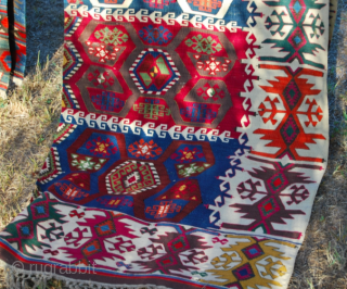 The Power of Colors! - Eastern Anatolia, Malatya area kilim strip. Cm 75x340.  2nd half 19th century. Wonderful dyes. Great ram horn pattern. Some minor condition issues.     