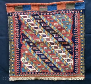 Shahsavan sumack khorjin bag face. Cm and 54/54. Age: 100 to 110 years. Great pattern. Lovely colors. As usual at this age orange might not be naturaL, but still not bad at  ...