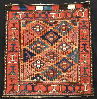 Beautiful probably Kurdish sumack korjin bag face. Cm 56x59. Early 20th c. Lovely colors, some are certainly natural, some others may be not. Great sumack workmanship. Just out the collection of mt.  ...