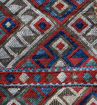 Caucasian Sumack Mafrash Long Panel. Cm 35x92. 3rd/4th q 19th c. Could be Azeri? Shahsavan? Very fine & tight work. Great colors: greens, blues, red, brown…. Needs another good wash.   