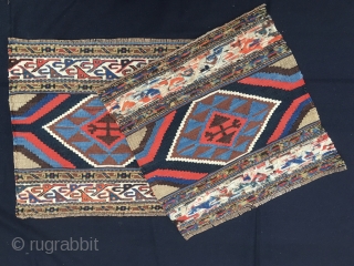 Twin kilim & sumack panels attributed to the Shahsavan tribal group. Cm 46x48 and 46x51. Early 20th century. Great sumack graphic tripes. Lovely, though mixed, colors. In very good condition. Get on  ...