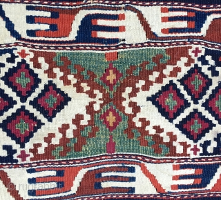 Eastern Anatoiia, Malatya area, Sinanli tribe, part of the bigger Rashwani tribal group, kilim fragment. 3rd q 19h c. Lovely colors, see green, madder & cochineal. Rare piece.     