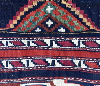 Eastern Anatoiia, Malatya area, Sinanli tribe, part of the bigger Rashwani tribal group, kilim fragment. 3rd q 19h c. Lovely colors, see green, madder & cochineal. Rare piece.     