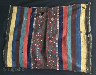 Super East Anatolian cuval/storage bag with fantastic graphics and wonderful colors. A real killer. Flat weave & sumack. Minor condition issues to report. Simply enjoy. If interested email to carlokocman@gmail.com 
  