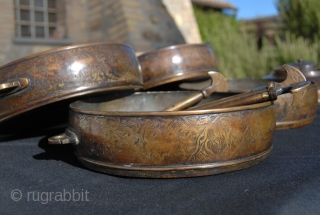 Ottoman 19th century or earlier brass safertas or food container. Cm 17x23h. Heavily decorated. Rare & beautiful. Few similar examples found in museums. See more pics on Picasa: 
https://plus.google.com/photos/102077108999072625754/albums/5883870564728796513?banner=pwa
See them also on  ...