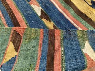 Caucasian Kazak kilim. Antique, very very thin, with great natural saturated colors. In good condition. Condition issues: some old restoration and a couple of stains. A supper flat weave.    