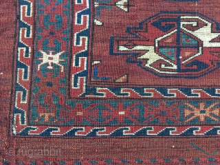 Beautiful Turkmen Yomut cuval with great insect border. Cm 60x112. Late 19th century. Lovely natural dyes, see the green especially...... Nice nine gul pattern. Very precise drawing and spacing. In good condition.  ...