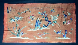 Chinese silk panel.
Mid 19th century or older.
Cm 25x45.
From a very thin silk on silk multi panel textile depicting various scenes. 
In this one please note the swastika.
Very sweet and decorative.
If interested please  ...