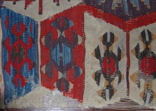 Kilim fragment. Western Anatolia. Cm 90x28. Late 19th century. Great colors: two madder reds, indigo, aubergine, yellow, oxidized black. See more pics on fb: https://www.facebook.com/media/set/?set=a.10153015465919258.1073741996.358259864257&type=1&pnref=story
        