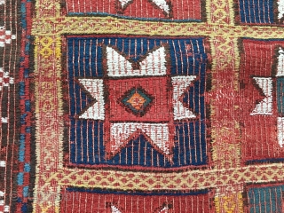 Beautiful Star Fethiye kilim. Cm 140x150 ca. Early 20th century. Woven in rare Zili technique. Natural dyes. Mounted on a wonderful “Macchiaioli” canvas for further strength. Can be used on both sides.  ...