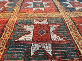 Beautiful Star Fethiye kilim. Cm 140x150 ca. Early 20th century. Woven in rare Zili technique. Natural dyes. Mounted on a wonderful “Macchiaioli” canvas for further strength. Can be used on both sides.  ...