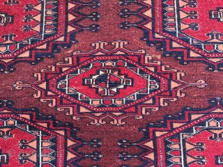 Turkmen Saryk çuval. Cm 87x153- Second half 19th century. Six main Gul pattern. Wool, silk, cotton. Very fine weave. Lovely natural saturated colors. See madder red, cochineal, orange on a liverish brown  ...