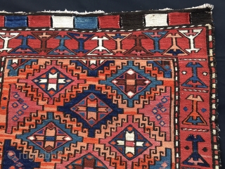 Beautiful Kurdish sumack korjin bag face. Cm 56x59. Early 20th c. Lovely colors, some are certainly natural, some others may not. Great sumack workmanship. Just out the collection of MT. 
  