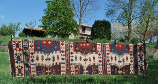 Western Anatolia kilim strip. Cm 86x342 ca. Mid 19th century. Could be an Aydin Cine or from Karakuzu village near Bergama. Great pattern, great saturated colors, among them a super aubergine………rare &  ...