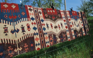 Western Anatolia kilim strip. Cm 86x342 ca. Mid 19th century. Could be an Aydin Cine or from Karakuzu village near Bergama. Great pattern, great saturated colors, among them a super aubergine………rare &  ...