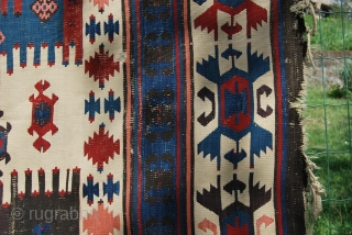 Western Anatolia kilim strip. Cm 86x342 ca. Mid 19th century. Could be an Aydin Cine or from Karakuzu village near Bergama. Great pattern, great saturated colors, among them a super aubergine………rare &  ...