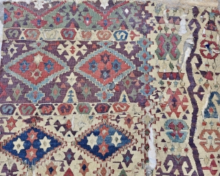 Aksaray Kilim Fragment
Cm 93x258
18th century
Condition issues as you see on pics.
Age, beauty, character, aura, colors. naturalcolors, pattern, stars, elibelinde,.....simply wonderful!

Available emailing to carlokocman@gmail.com
          