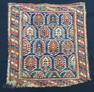 Shahsavan sumack bag face.
Cm 46x48.
Probably mid 19th c.
Damaged in the lower part, but still beautiful and extremely rare, with great pattern and fantastic dyes.
Central Field: The deep indigo blue ...