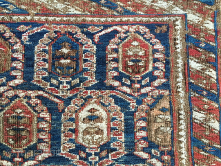 Shahsavan sumack bag face.
Cm 46x48.
Probably mid 19th c.
Damaged in the lower part, but still beautiful and extremely rare, with great pattern and fantastic dyes.
Central Field: The deep indigo blue ...