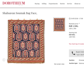 Shahsavan sumack bag face.
Cm 46x48.
Probably mid 19th c.
Damaged in the lower part, but still beautiful and extremely rare, with great pattern and fantastic dyes.
Central Field: The deep indigo blue ...