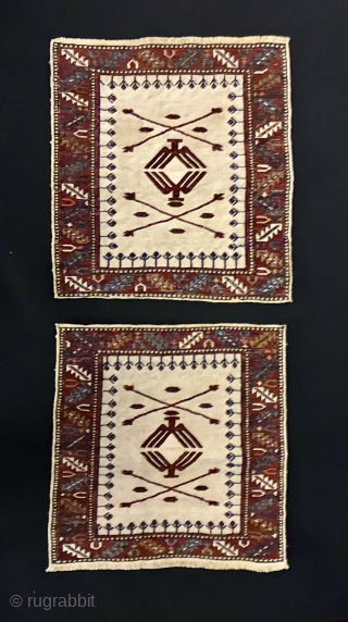 What is this?......asked a friend collector. Frankly would not know exactly.
Is it heraldic? Iconic? a message?
Imho it's from Azerbaijan, north of Baku, Shirwan area, Khyzy most probably. Let's stick to ...