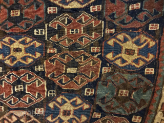 Reverse Sumack Shahsavan panel.
Size is cm 40x50 ca.
Approx age is 1880sh
Sweet piece, happily uneven, with awesome natural saturated dyes, a real tribal piece of art.
What can we tell about the "crosses"? in ...