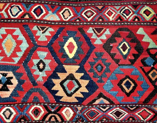 Shahsavan flat weave mafrash long panel.
Cm 46x66.
Datable to 3rd/4th q of 19th century.
Lovely, great, colored pattern with awesome natural dyes.
See madder red, indigo blue, apricot, light green among ...