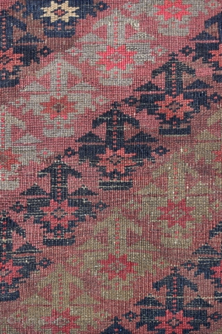Baluch rug; study piece; 104 x 183 cm (3`5“ x 6`0“); between 1870 and 1900; diagonal shrub design known from Taimani or "Doktor-i-ghazi"; shrubs colour is in every second diagonal an ugly  ...