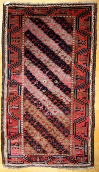 Baluch rug; study piece; 104 x 183 cm (3`5“ x 6`0“); between 1870 and 1900; diagonal shrub design known from Taimani or "Doktor-i-ghazi"; shrubs colour is in every second diagonal an ugly  ...