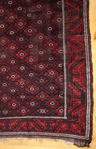 Baluch small carpet; around 1900; 126/9 x 211 cm (4`2” x 7`11”); natural colours with shining “Baluch-blue”, some abrashed areas and foldes with abrases like shown on the pictures; please ask for  ...