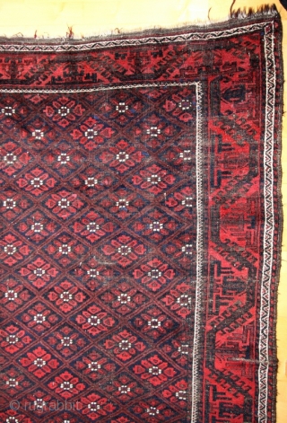 Baluch small carpet; around 1900; 126/9 x 211 cm (4`2” x 7`11”); natural colours with shining “Baluch-blue”, some abrashed areas and foldes with abrases like shown on the pictures; please ask for  ...