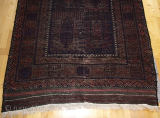 Baluch Main carpet; after 1900; 289 x 170 cm (9`9”x 5`7”) with 20cm (8“) flat woven Kelim on each end, original in top, 1cm (0.5”) reduced in bottom; 6 “tree of life”  ...