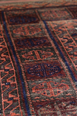 Baluch Main carpet; after 1900; 289 x 170 cm (9`9”x 5`7”) with 20cm (8“) flat woven Kelim on each end, original in top, 1cm (0.5”) reduced in bottom; 6 “tree of life”  ...