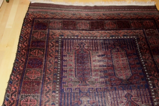 Baluch Main carpet; after 1900; 289 x 170 cm (9`9”x 5`7”) with 20cm (8“) flat woven Kelim on each end, original in top, 1cm (0.5”) reduced in bottom; 6 “tree of life”  ...