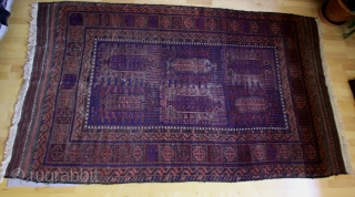 Baluch Main carpet; after 1900; 289 x 170 cm (9`9”x 5`7”) with 20cm (8“) flat woven Kelim on each end, original in top, 1cm (0.5”) reduced in bottom; 6 “tree of life”  ...