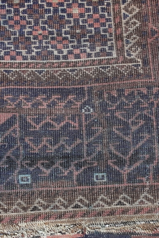 Baluch (prayer rug?); end 19th c.; study piece with a for me unusual border, 
low pile, unfortunately with heavy, ugly running blue ink „re-colouration“ last picture is its back side
   