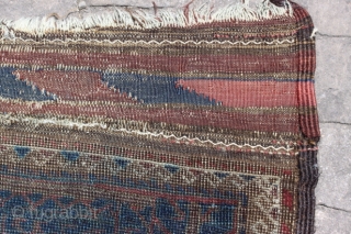 Baluch (prayer rug?); end 19th c.; study piece with a for me unusual border, 
low pile, unfortunately with heavy, ugly running blue ink „re-colouration“ last picture is its back side
   