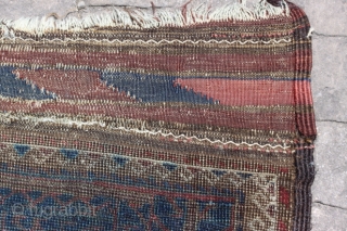 Baluch (prayer rug?); end 19th c.; study piece with a for me unusual border, 
low pile, unfortunately with heavy, ugly running blue ink „re-colouration“ last picture is its back side
   