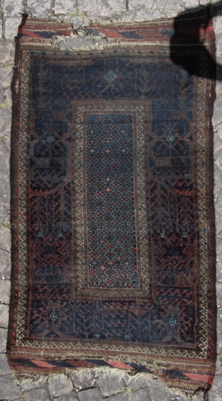 Baluch (prayer rug?); end 19th c.; study piece with a for me unusual border, 
low pile, unfortunately with heavy, ugly running blue ink „re-colouration“ last picture is its back side
   