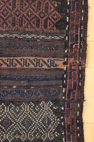 Baluch Kilim main carpet; end of 19th c.; made in two lines; many different horizontal stripe designs; small sumac border;Kilim is in very good condition;        